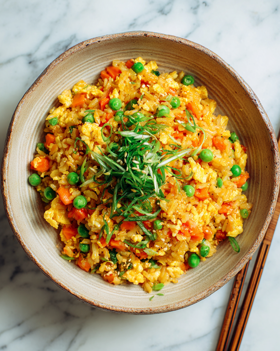 Delicioso arroz frito colorido y sabroso, ideal para reuniones familiares y festividades con amigos.