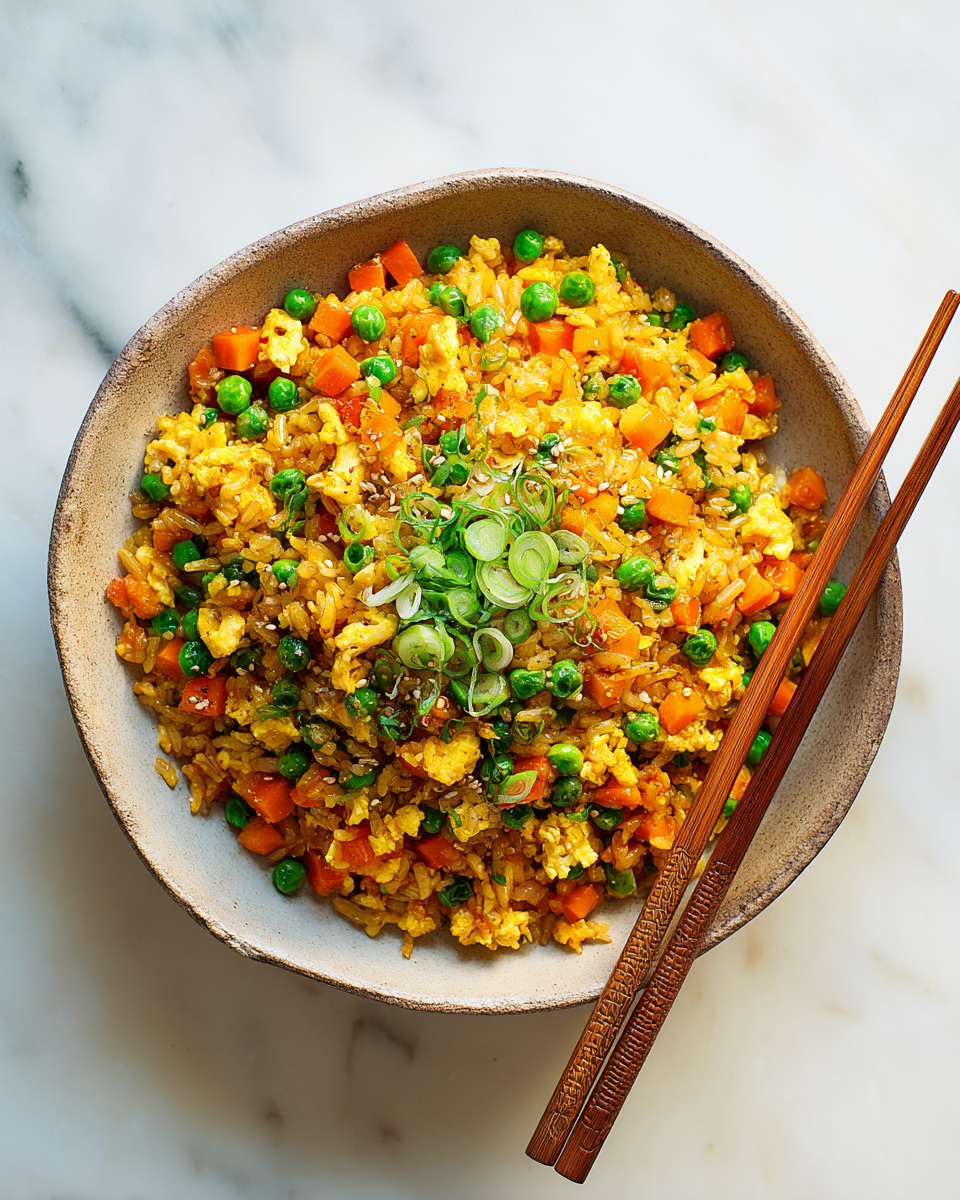 Delicioso arroz frito colorido y sabroso, ideal para reuniones familiares y festividades con amigos.