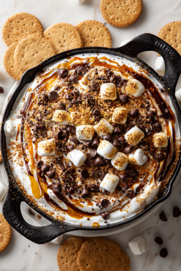 Disfruta de un Delicioso Dip de S'mores Delicioso Dip de S'mores con chocolate y malvaviscos perfectos para reuniones familiares y festividades de otoño