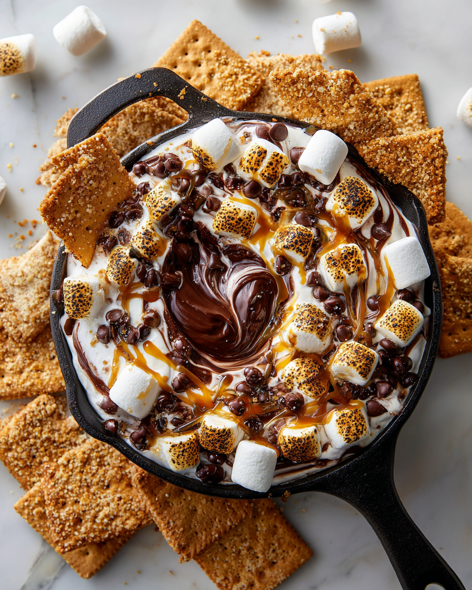 Disfruta de un Delicioso Dip de S'mores Delicioso Dip de S'mores con chocolate y malvaviscos perfectos para reuniones familiares y festividades de otoño
