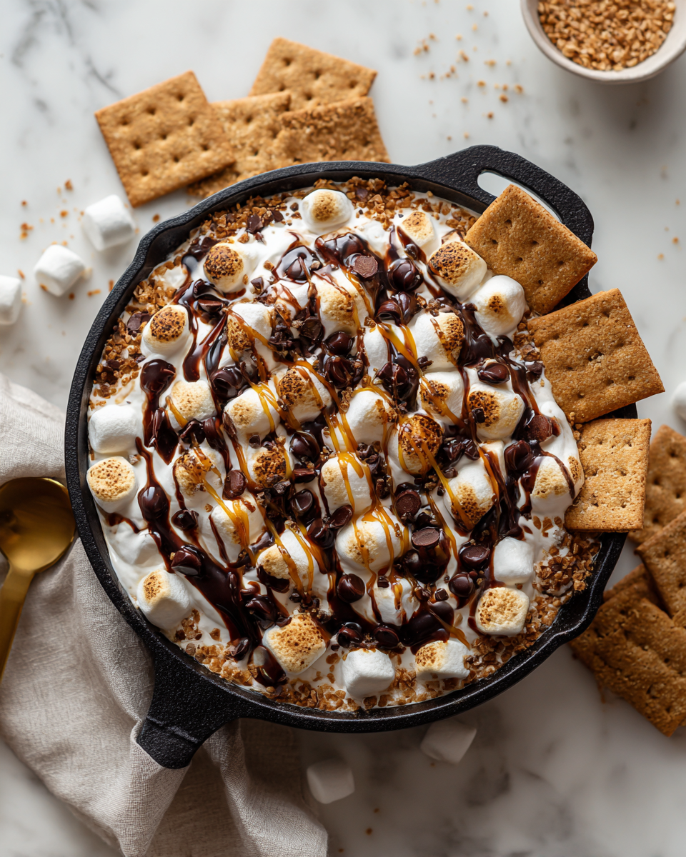 Disfruta de un Delicioso Dip de S'mores Delicioso Dip de S'mores con chocolate y malvaviscos perfectos para reuniones familiares y festividades de otoño