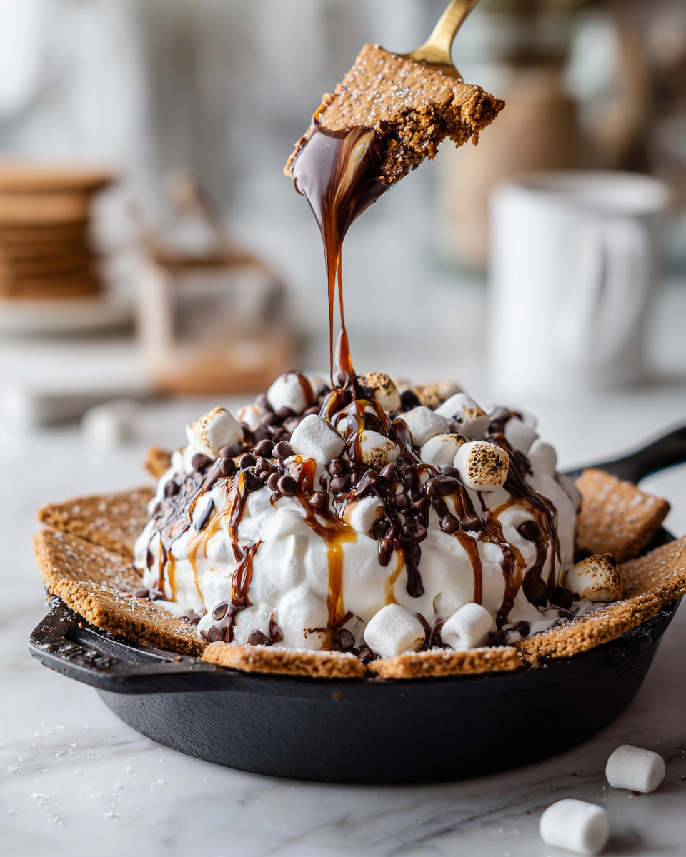 Disfruta de un Delicioso Dip de S'mores Delicioso Dip de S'mores con chocolate y malvaviscos perfectos para reuniones familiares y festividades de otoño