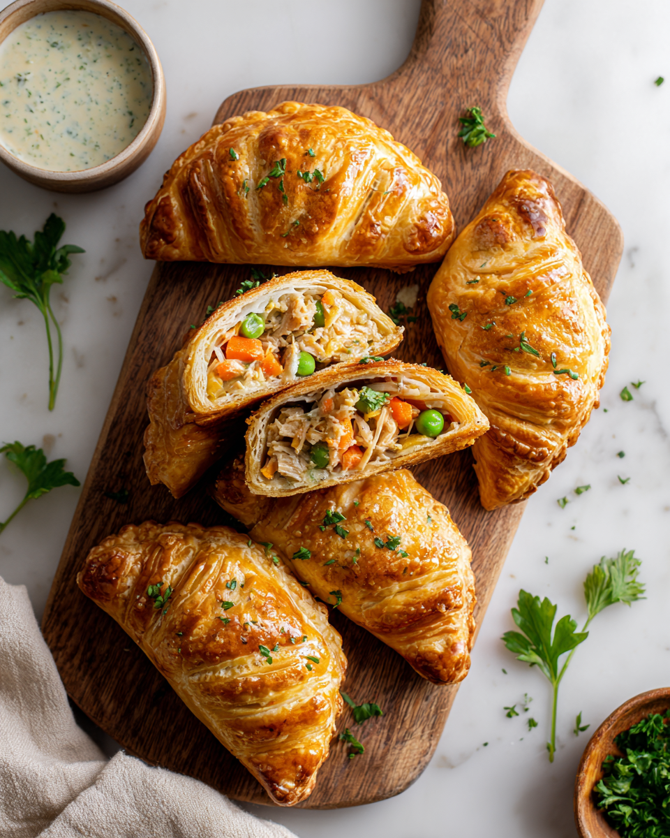 Mini pasteles de pollo dorados, perfectos para festividades en familia con un relleno delicioso y crujiente.