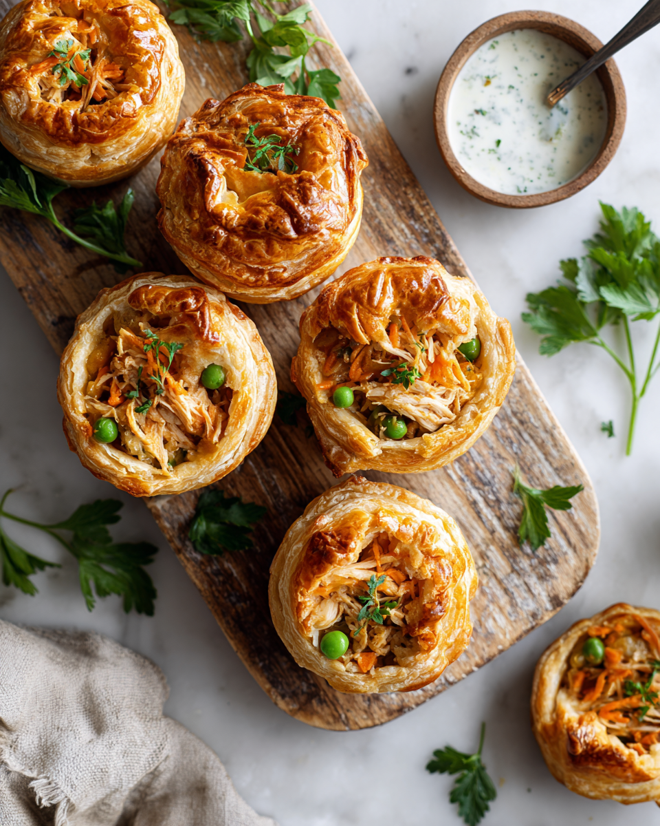 Mini pasteles de pollo dorados, perfectos para festividades en familia con un relleno delicioso y crujiente.
