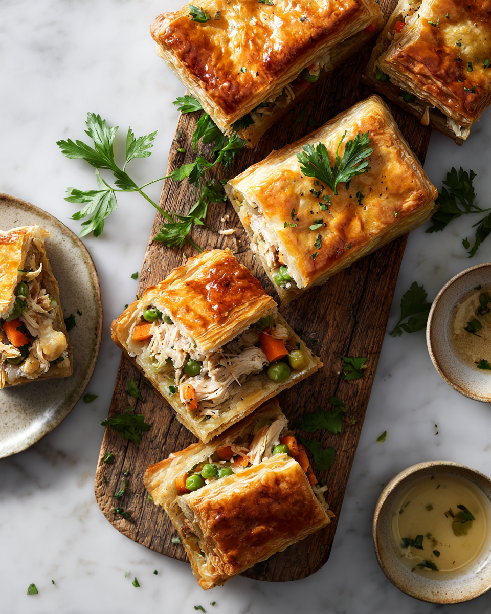 Mini pasteles de pollo dorados, perfectos para festividades en familia con un relleno delicioso y crujiente.