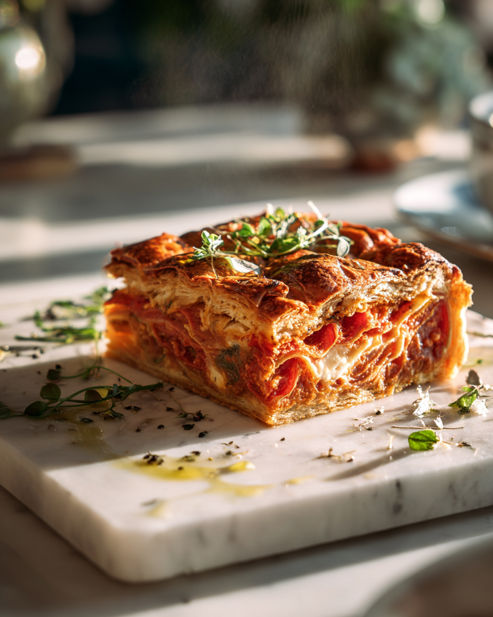 Delicioso Pie de Tomate Philly para Compartir en Otoño Pie de tomate Philly con corteza crujiente y tomates frescos, ideal para el otoño.